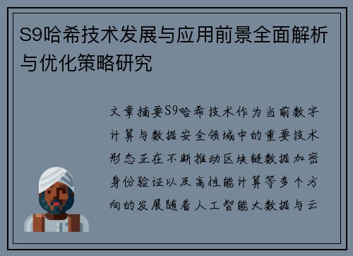 S9哈希技术发展与应用前景全面解析与优化策略研究